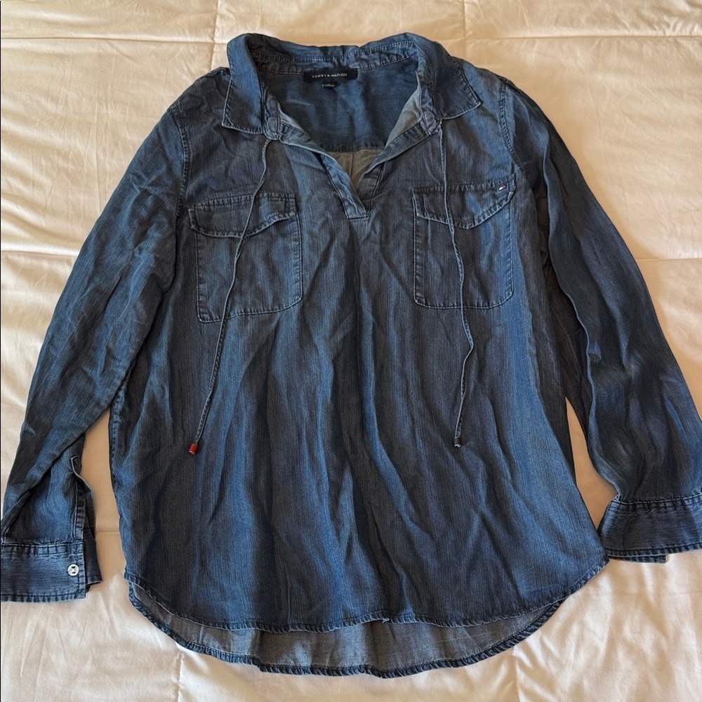 Tommy Hilfiger Blue Chambray Denim V-Neck Tie Shirt XL
